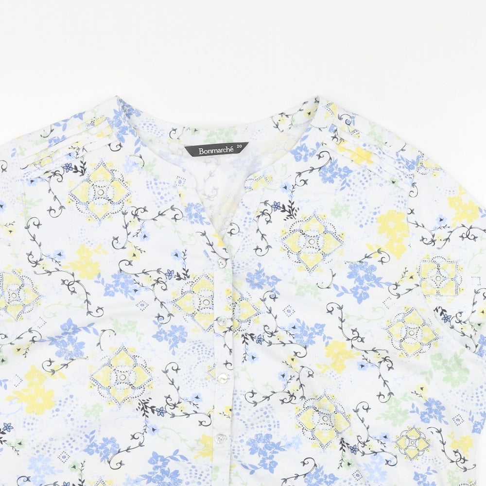 Bonmarché Womens White Floral Cotton Basic Button-Up Size 20 V-Neck