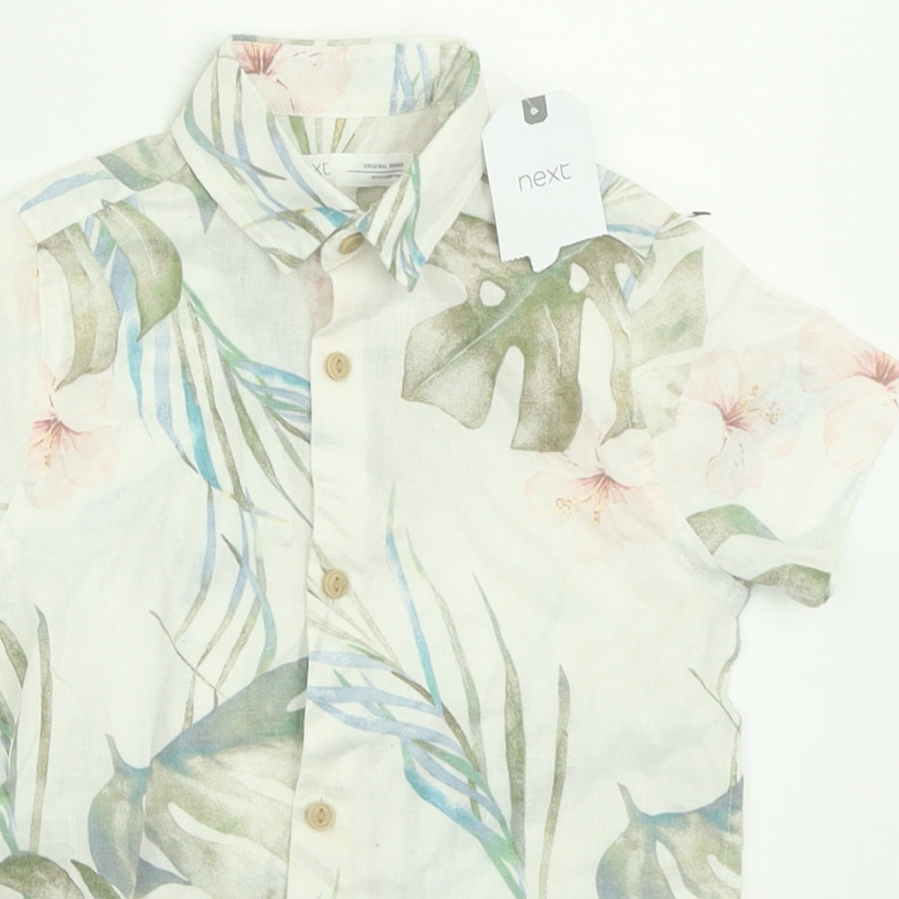 NEXT Boys White Geometric Linen Basic Button-Up Size 3 Years Collared Button