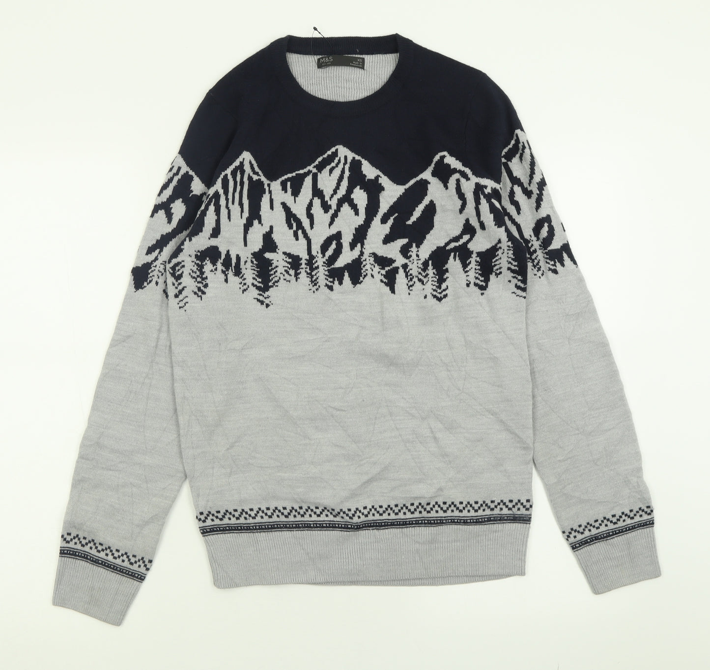 Marks and Spencer Mens Grey Crew Neck Geometric Acrylic Pullover Jumper Size XS