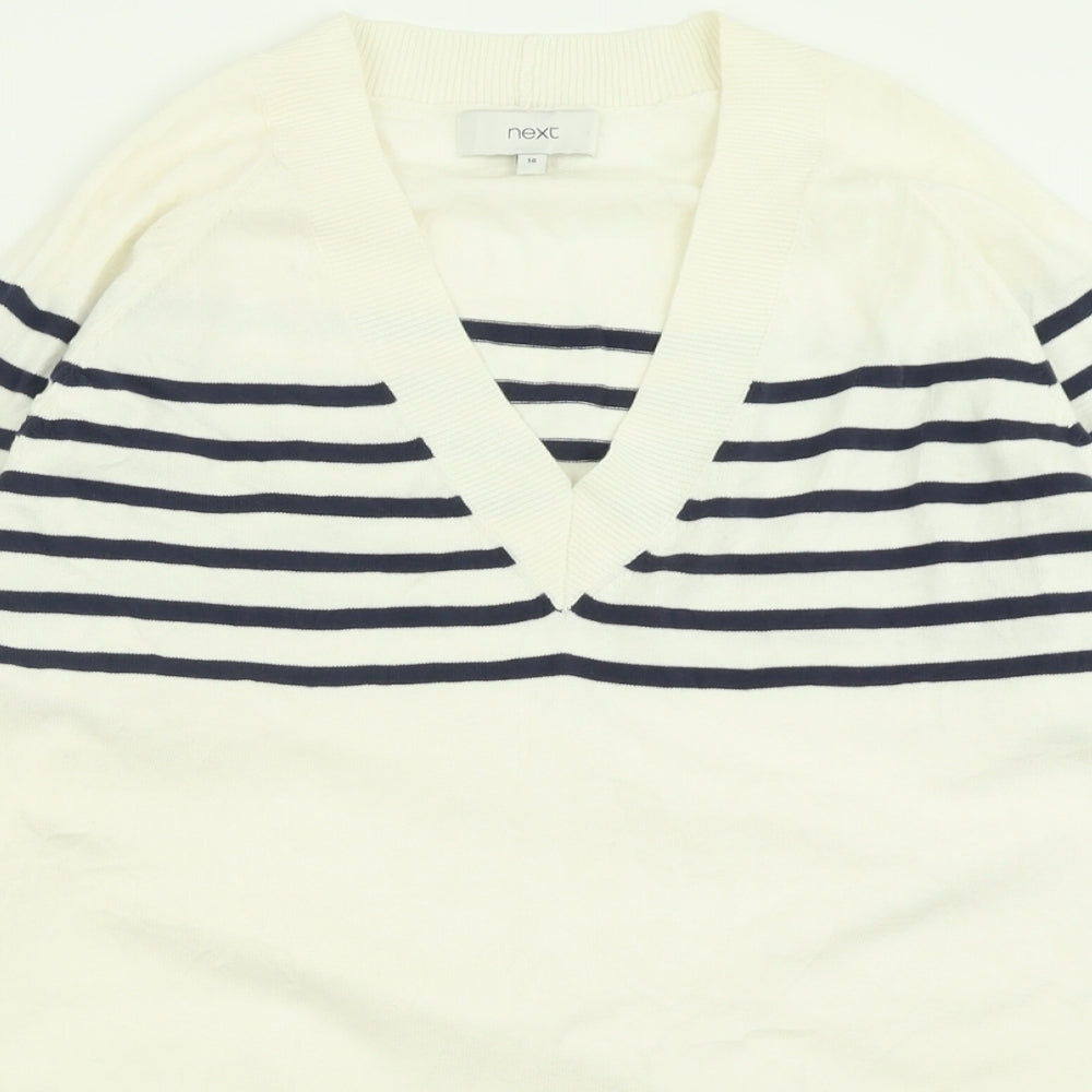 NEXT Womens White V-Neck Striped Cotton Pullover Jumper Size 16