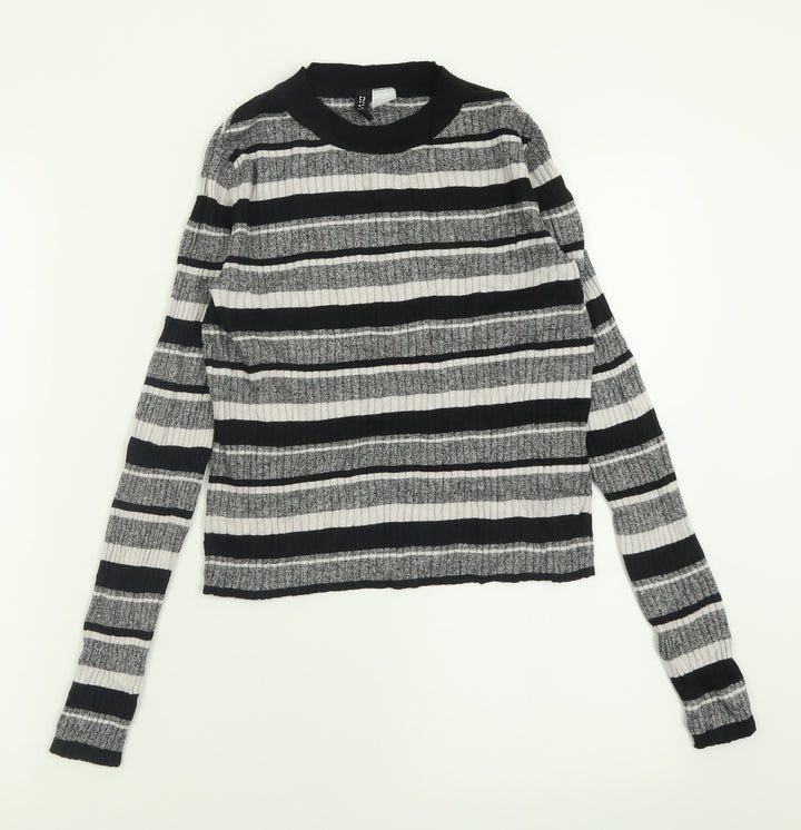 H&M Womens Grey Striped Viscose Cropped T-Shirt Size S Crew Neck