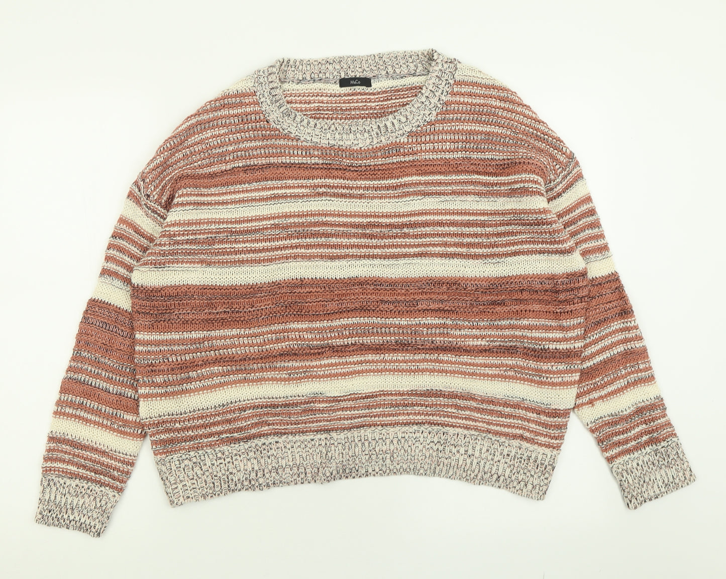M&Co Womens Pink Crew Neck Striped Acrylic Pullover Jumper Size 14