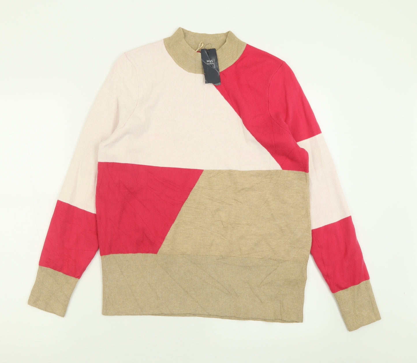 Marks and Spencer Womens Pink High Neck Geometric Viscose Pullover Jumper Size 14