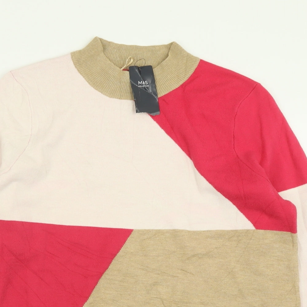 Marks and Spencer Womens Pink High Neck Geometric Viscose Pullover Jumper Size 14