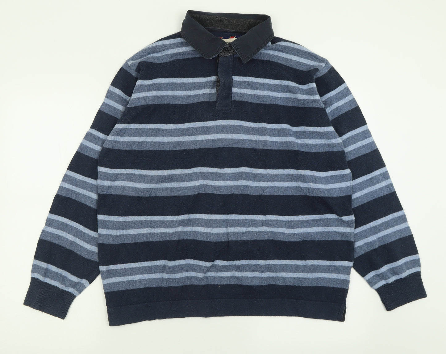 Blue Harbour Mens Blue Striped Cotton  Polo Size L Collared Button