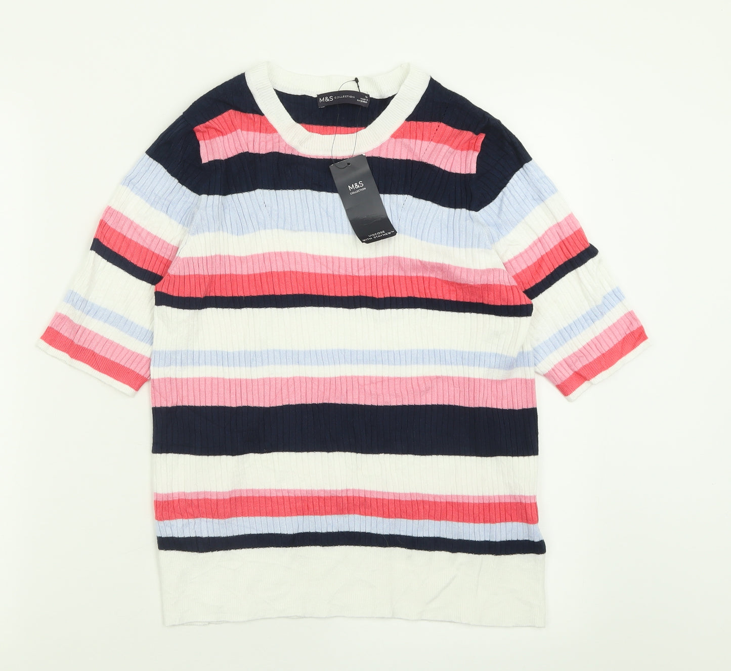 Marks and Spencer Womens Pink Crew Neck Striped Viscose Pullover Jumper Size 16
