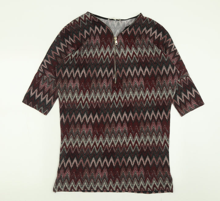 Voulez-Vous Womens Red V-Neck Geometric Polyester Pullover Jumper Size L