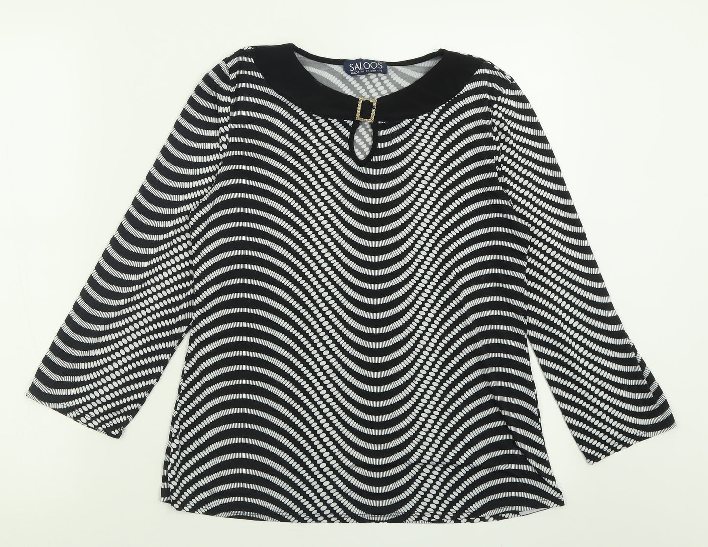 Saloos Womens Black Geometric Polyester Basic T-Shirt Size 12 Crew Neck