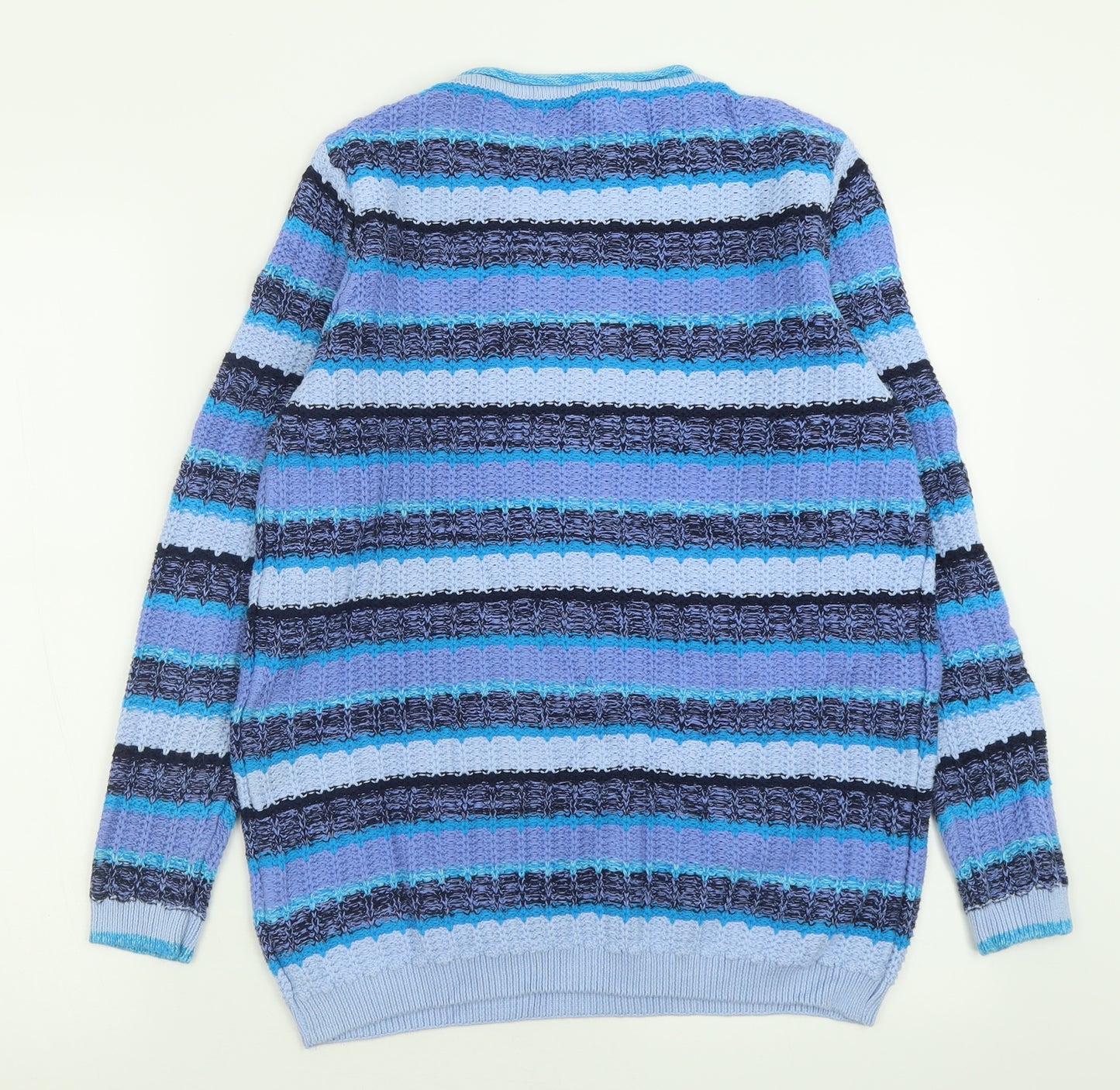 EWM Womens Blue Crew Neck Striped Cotton Pullover Jumper Size 18