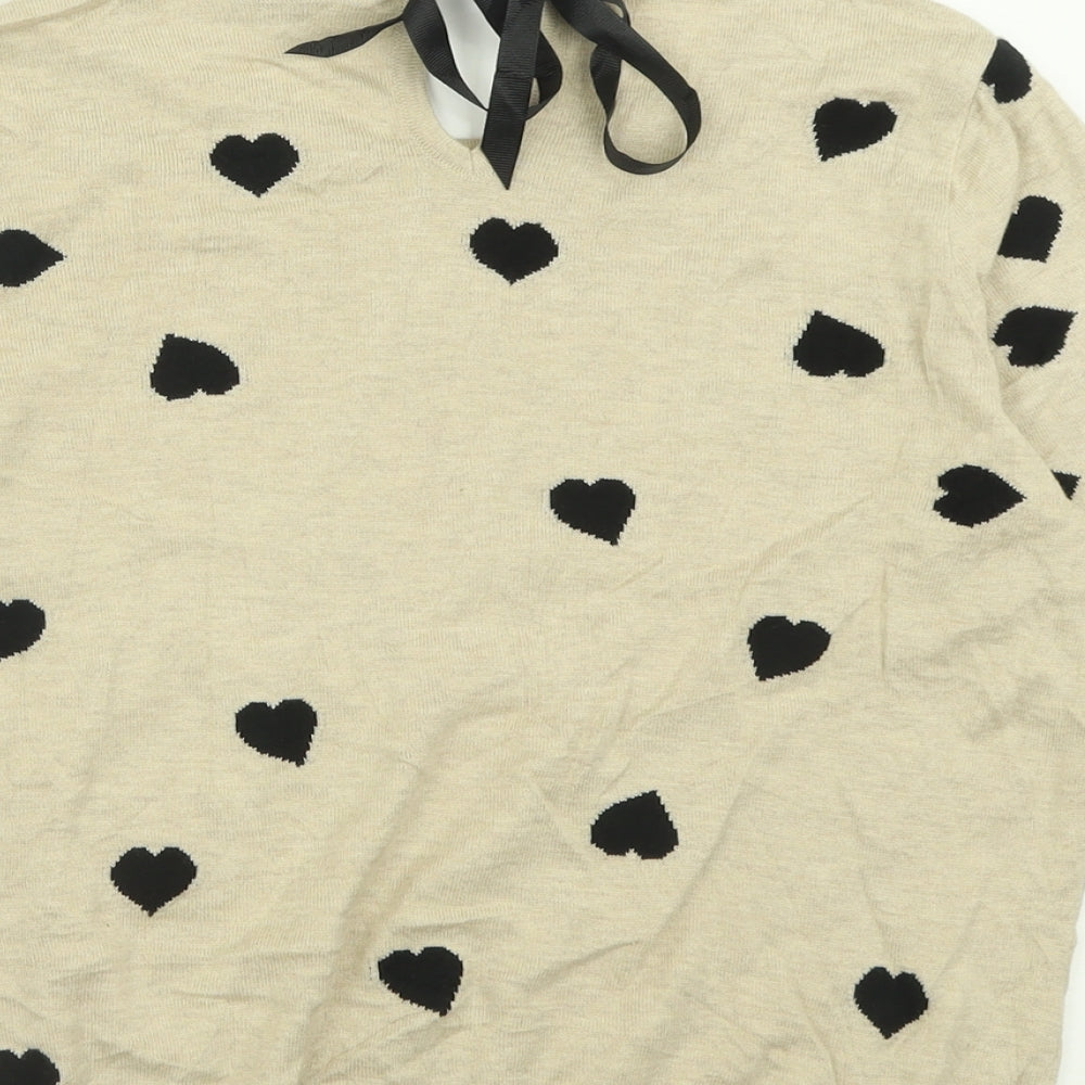 Wallis Womens Beige Crew Neck Geometric Cotton Pullover Jumper Size 14