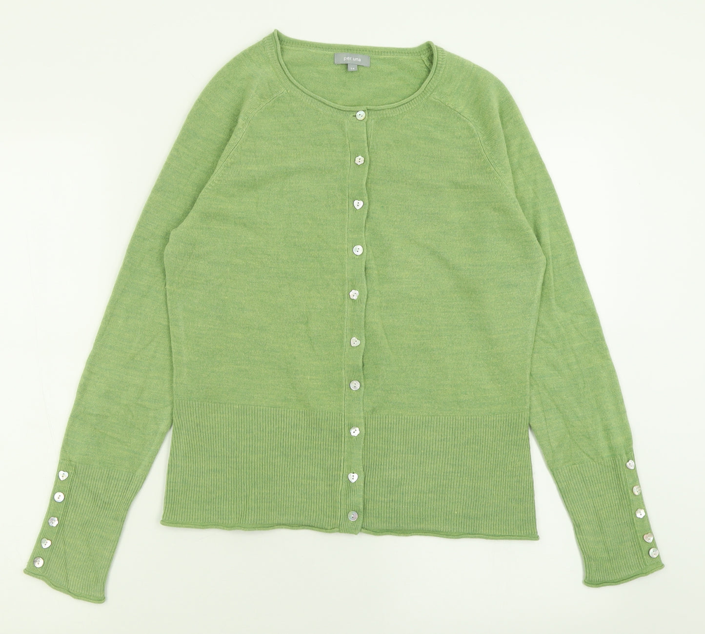 Per Una Womens Green Crew Neck  Acrylic Cardigan Jumper Size 14