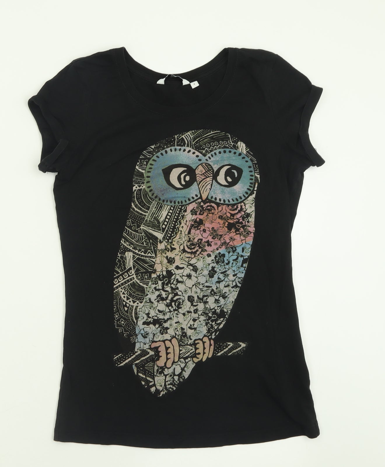 New Look Womens Black  Cotton Basic T-Shirt Size 8 Crew Neck - Owl