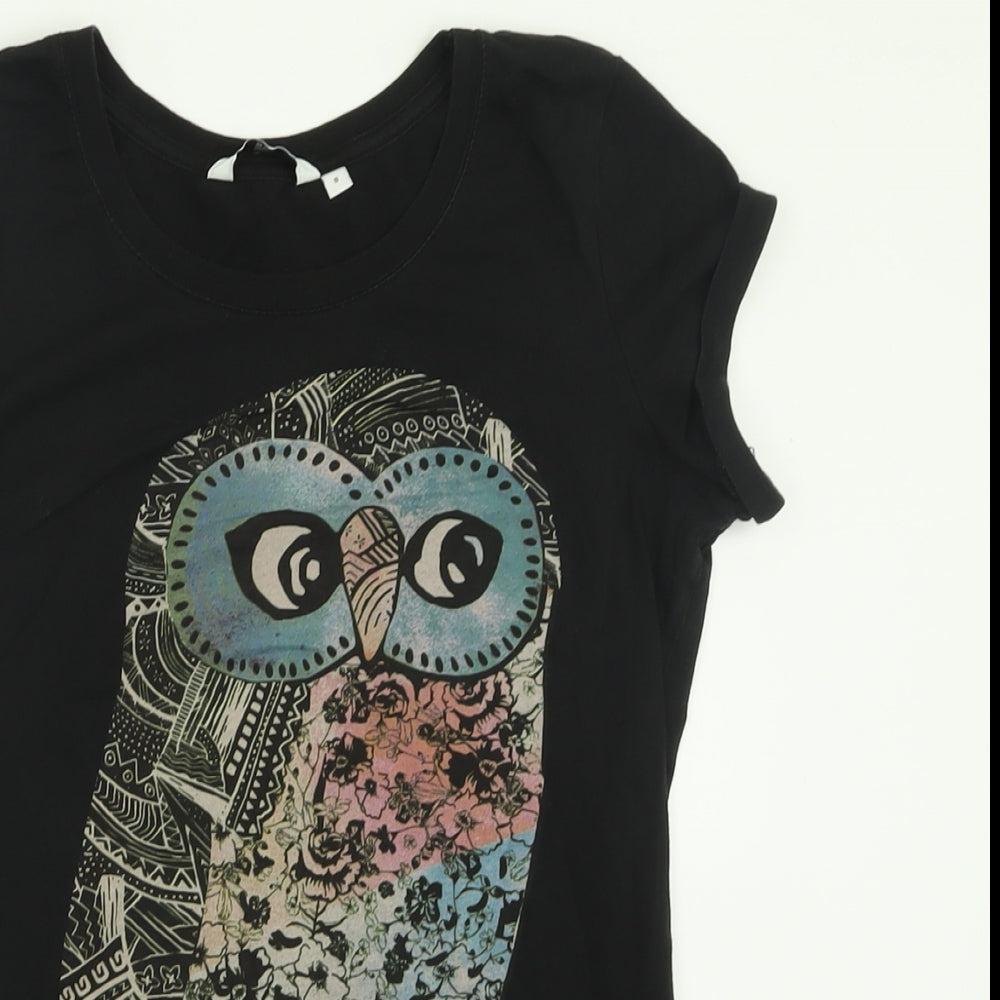 New Look Womens Black  Cotton Basic T-Shirt Size 8 Crew Neck - Owl
