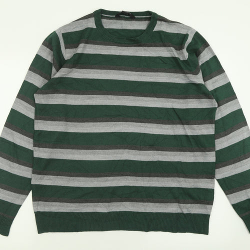 Cedar Wood State Mens Green Crew Neck Striped Acrylic Pullover Jumper Size XL