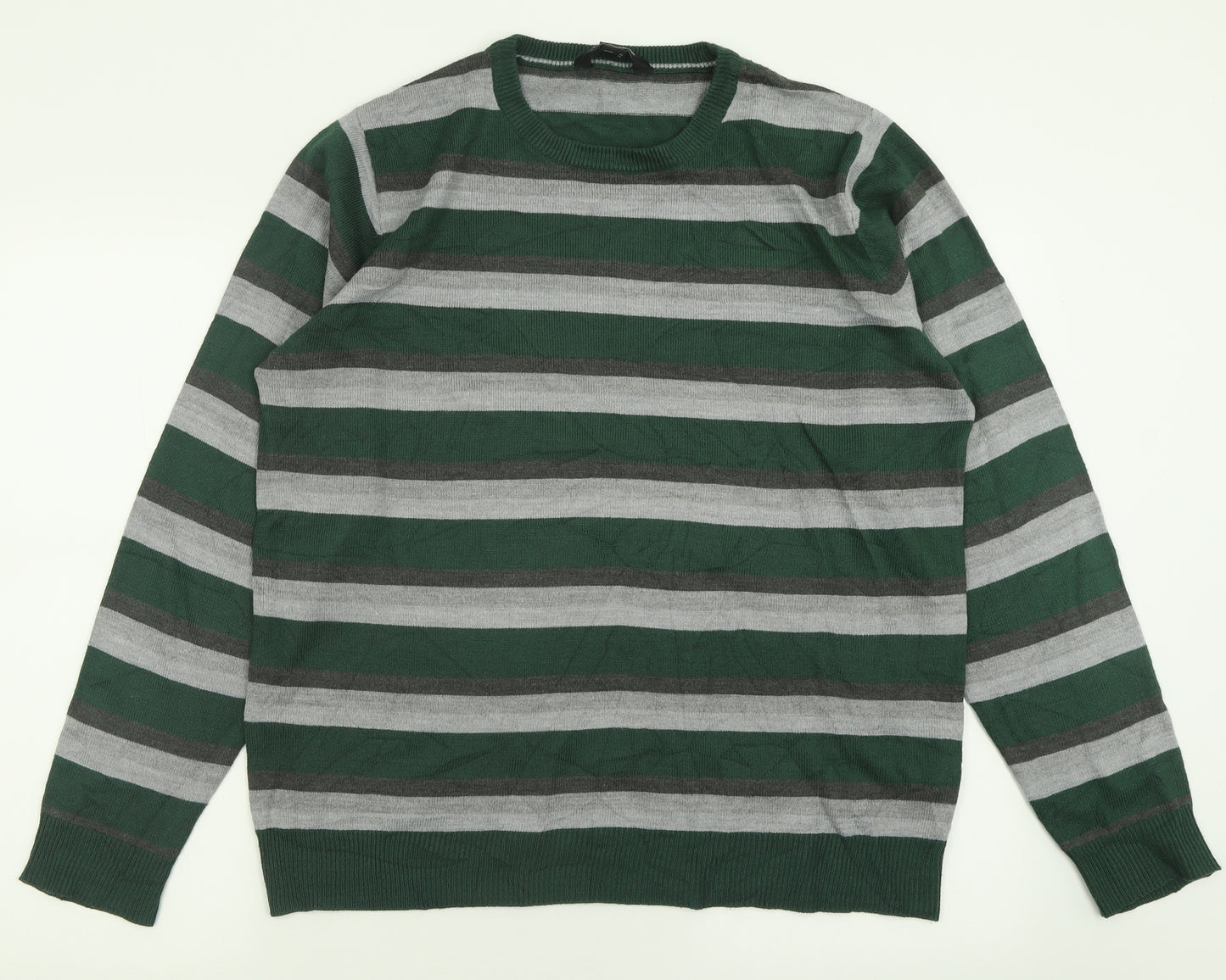 Cedar Wood State Mens Green Crew Neck Striped Acrylic Pullover Jumper Size XL