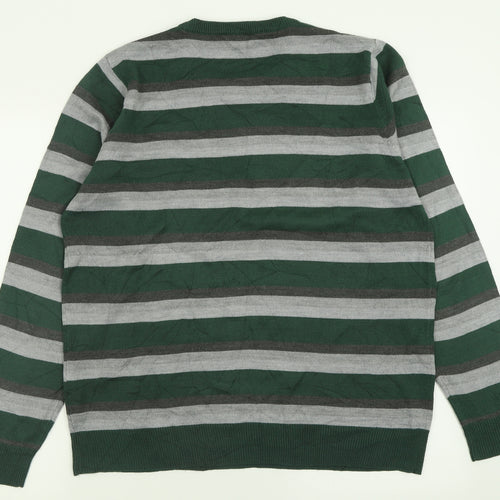 Cedar Wood State Mens Green Crew Neck Striped Acrylic Pullover Jumper Size XL