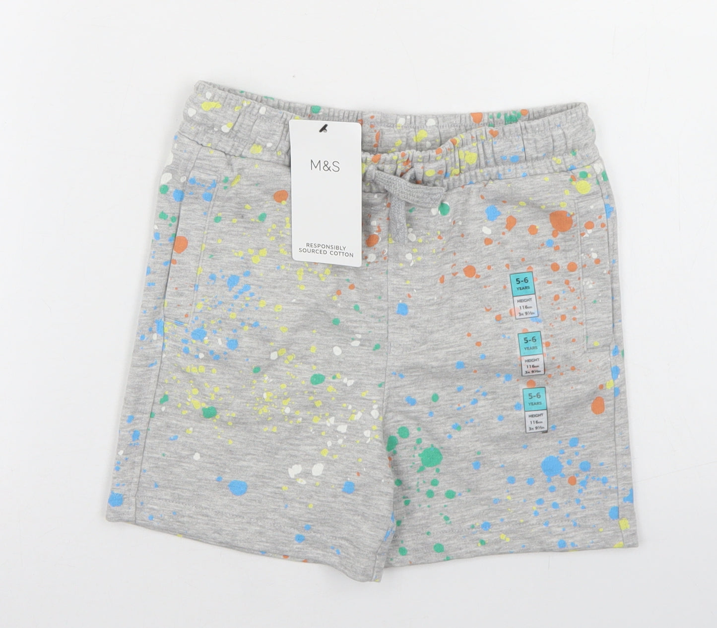 Marks and Spencer Boys Grey Spotted Cotton Sweat Shorts Size 5-6 Years  Regular Drawstring