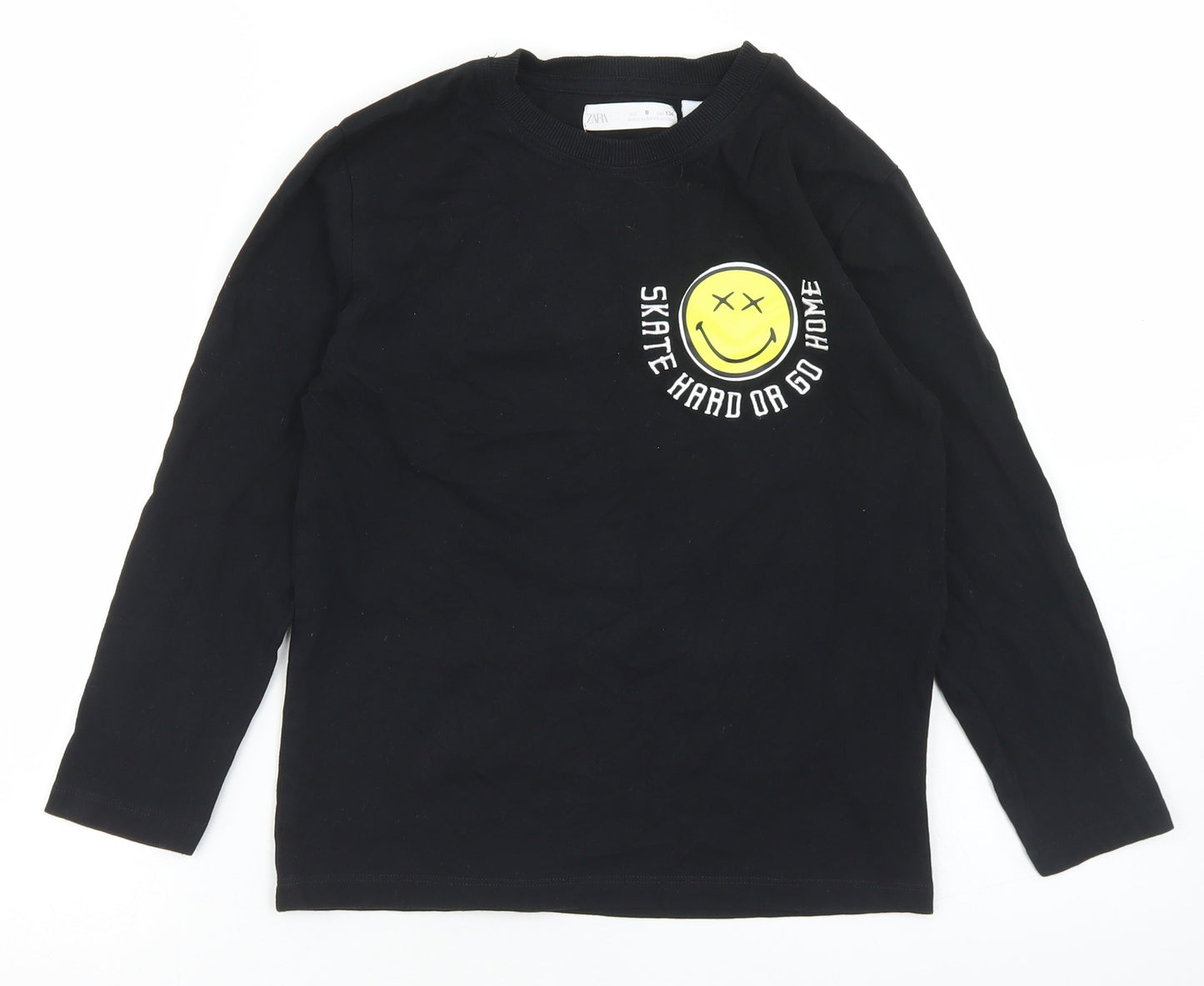 Zara Boys Black  Cotton Basic T-Shirt Size 9 Years Crew Neck  - Smiley Face