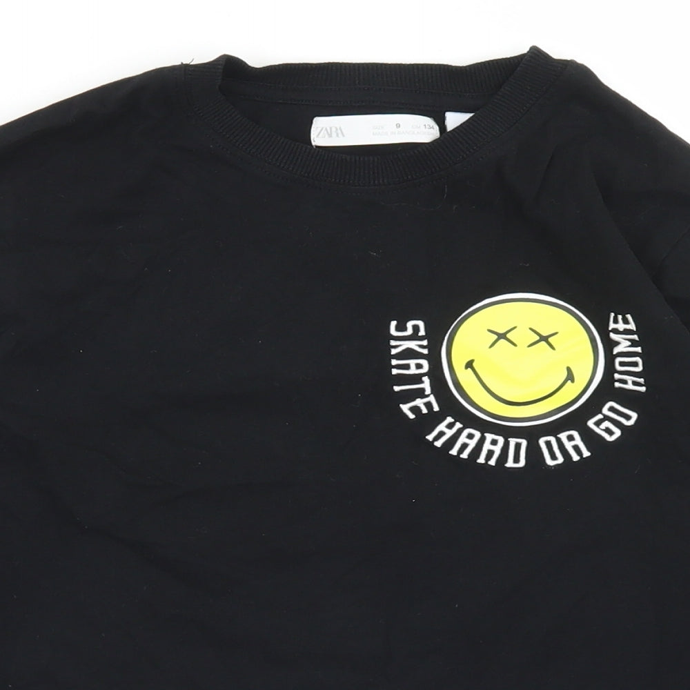 Zara Boys Black  Cotton Basic T-Shirt Size 9 Years Crew Neck  - Smiley Face
