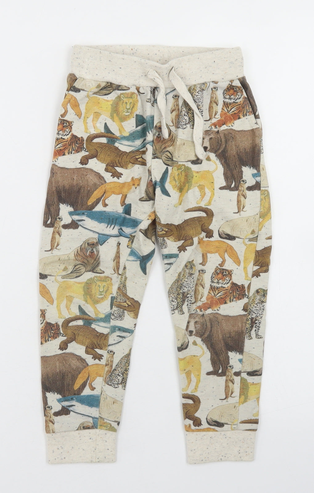Seed Boys Beige Geometric Cotton Jogger Trousers Size 4 Years  Regular Drawstring - Zoo Animals