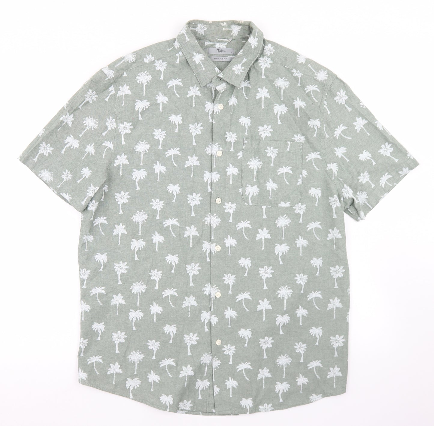 TU Mens Green Geometric Cotton  Button-Up Size L Collared Button - Palm Tree Print