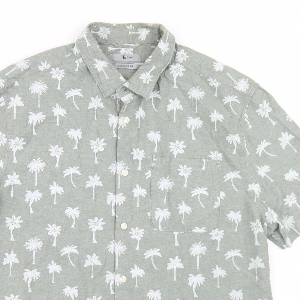 TU Mens Green Geometric Cotton  Button-Up Size L Collared Button - Palm Tree Print