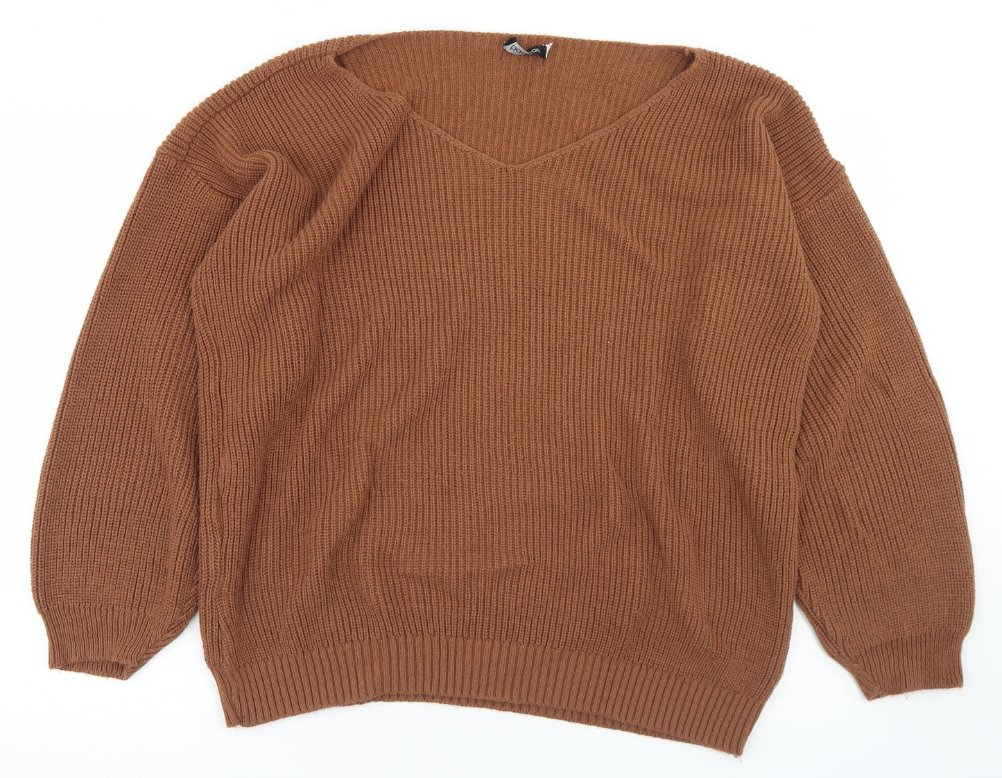 Boohoo Womens Brown V-Neck  Acrylic Pullover Jumper Size 20