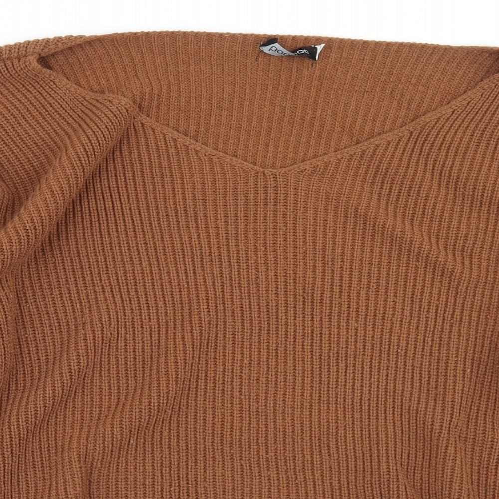 Boohoo Womens Brown V-Neck  Acrylic Pullover Jumper Size 20