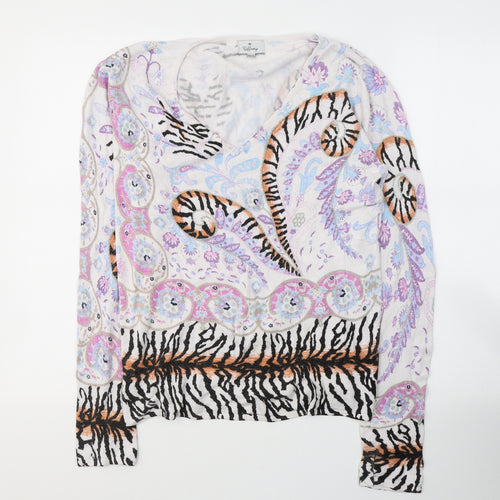 TIFFANY  Womens White Paisley Polyester Jersey T-Shirt Size 10 Round Neck