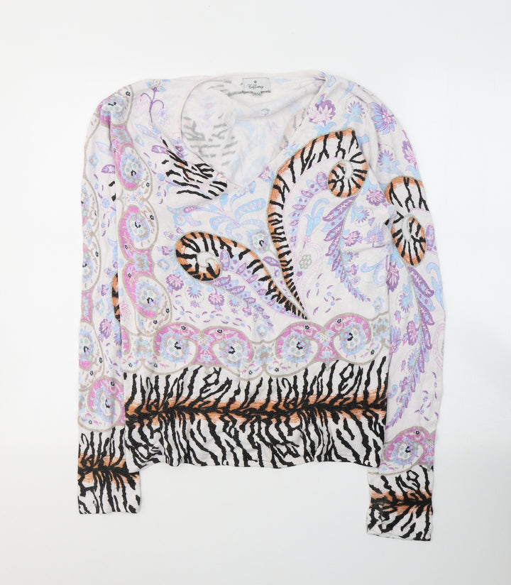 TIFFANY  Womens White Paisley Polyester Jersey T-Shirt Size 10 Round Neck