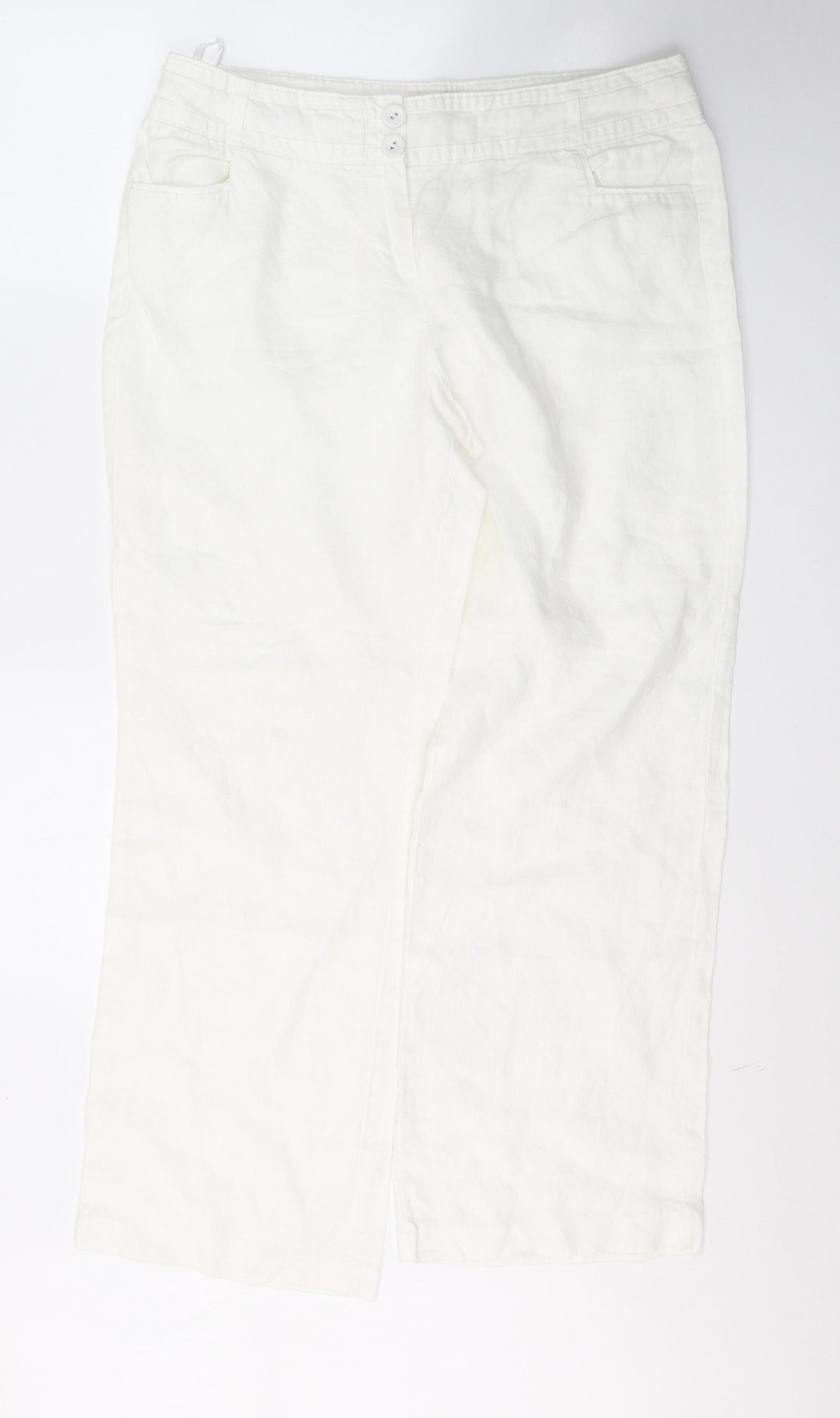 Monsoon Womens White  Linen Trousers  Size 14 L28 in Regular Button