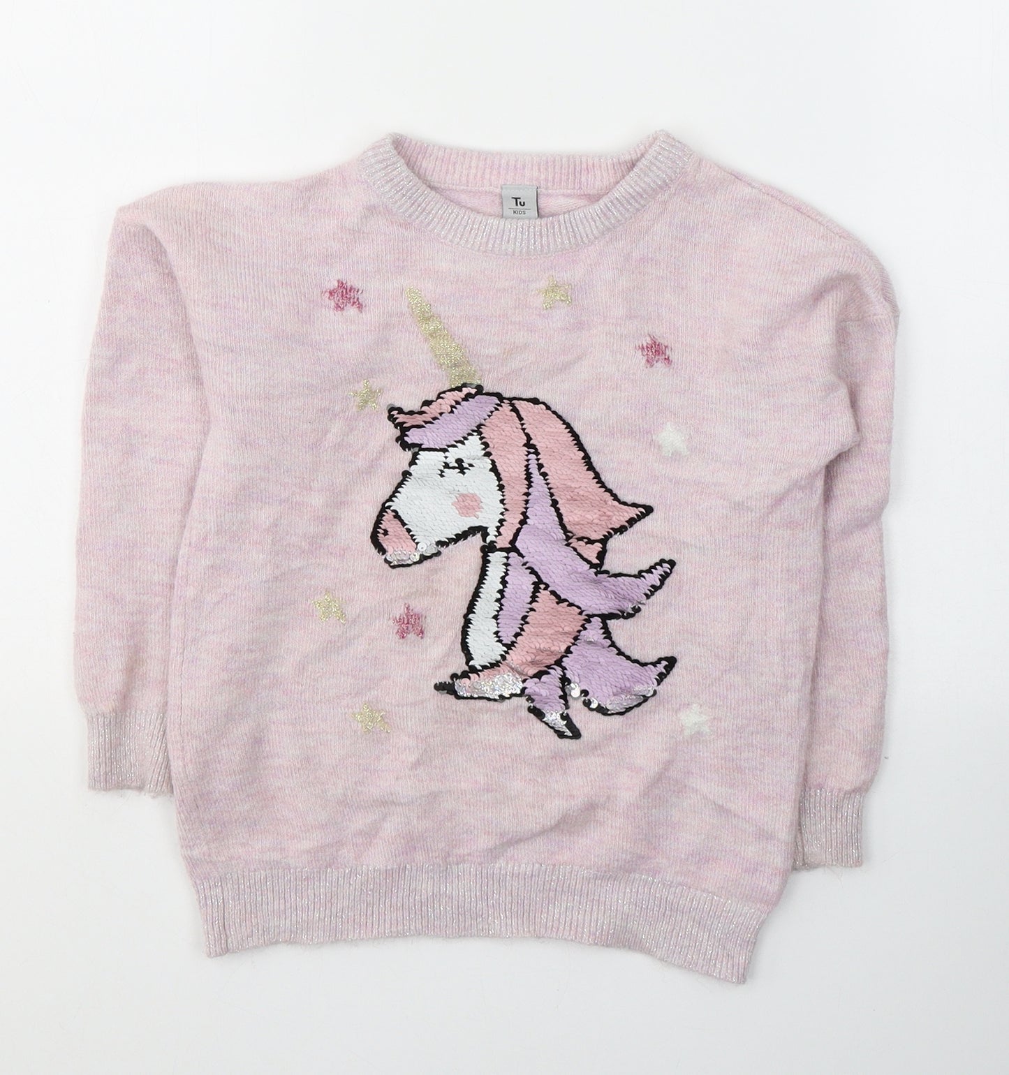 TU Girls Pink Round Neck  Acrylic Pullover Jumper Size 7 Years  Pullover - Unicorn