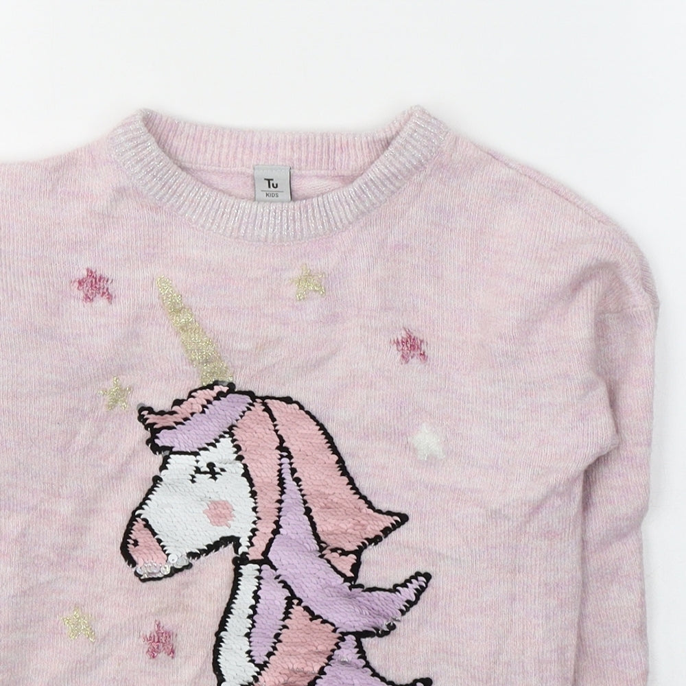 TU Girls Pink Round Neck  Acrylic Pullover Jumper Size 7 Years  Pullover - Unicorn
