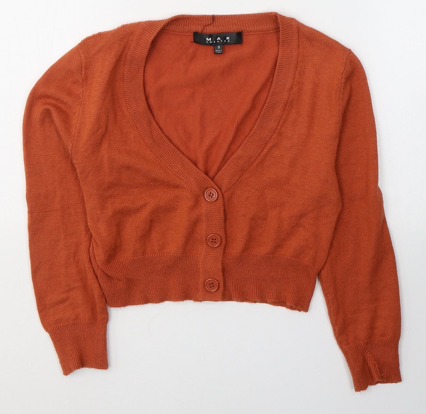 Mak Womens Orange  Acrylic Cropped Button-Up Size S V-Neck