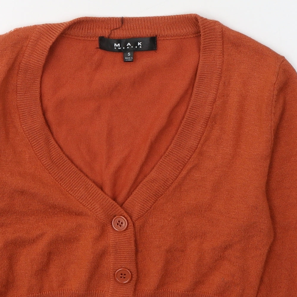 Mak Womens Orange  Acrylic Cropped Button-Up Size S V-Neck