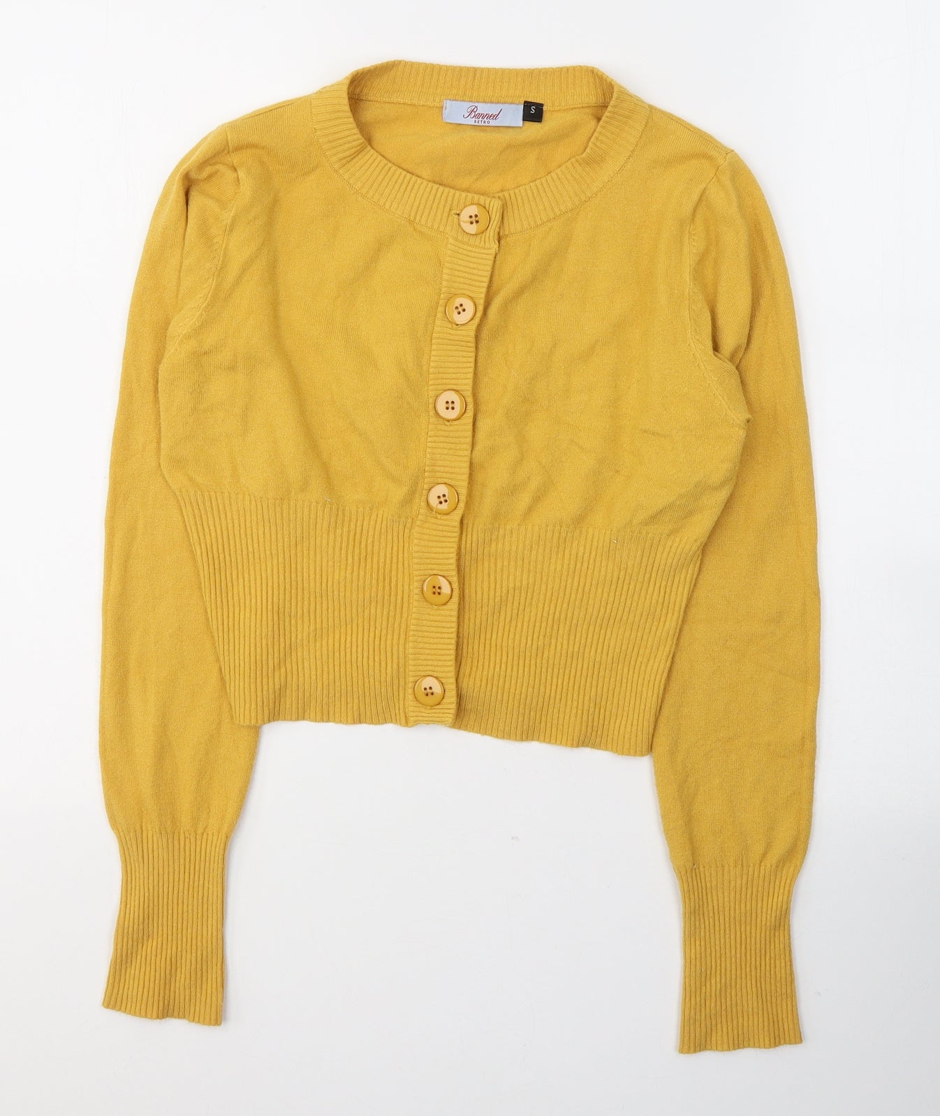 BANNED Womens Yellow  Viscose Cropped Button-Up Size S V-Neck