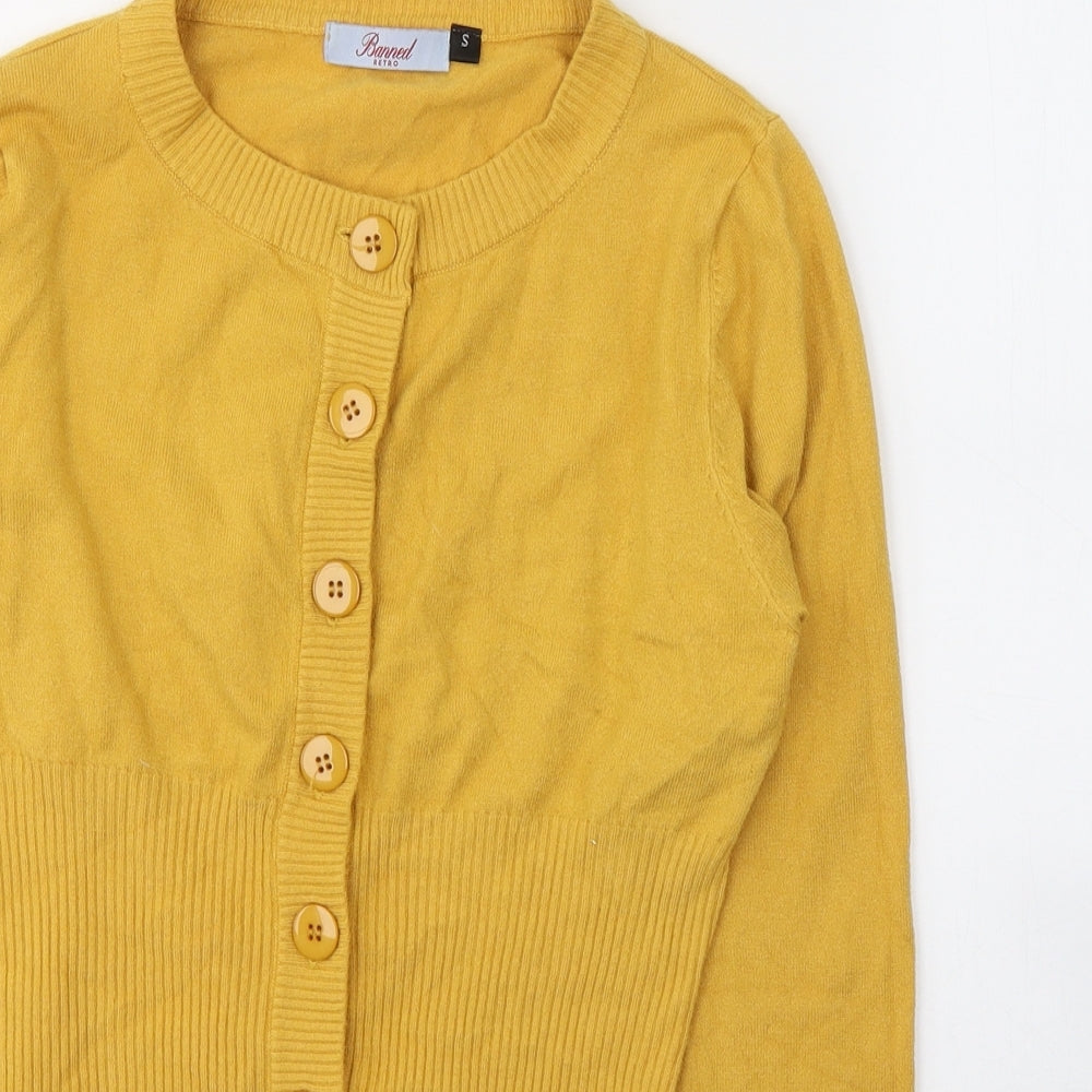 BANNED Womens Yellow  Viscose Cropped Button-Up Size S V-Neck