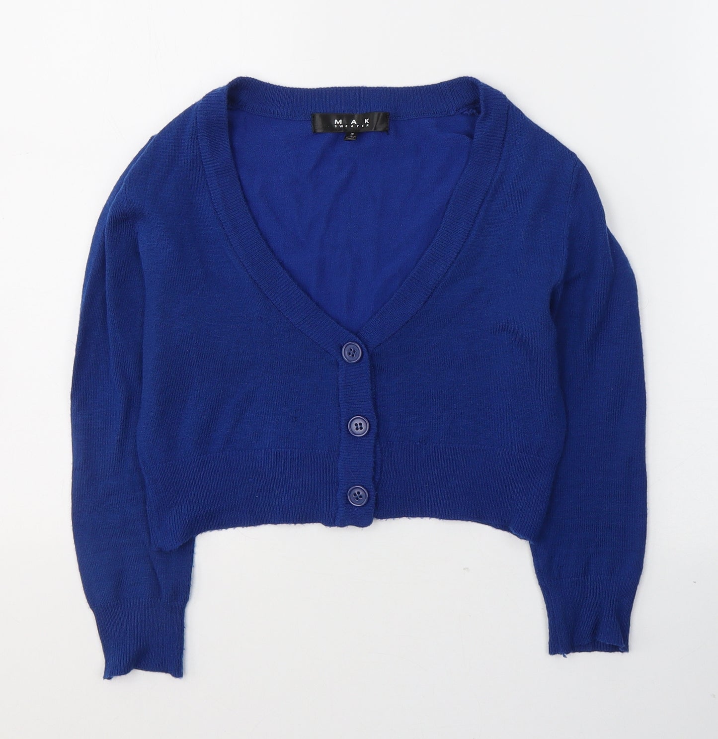 MAK Womens Blue  Acrylic Cropped Button-Up Size S V-Neck