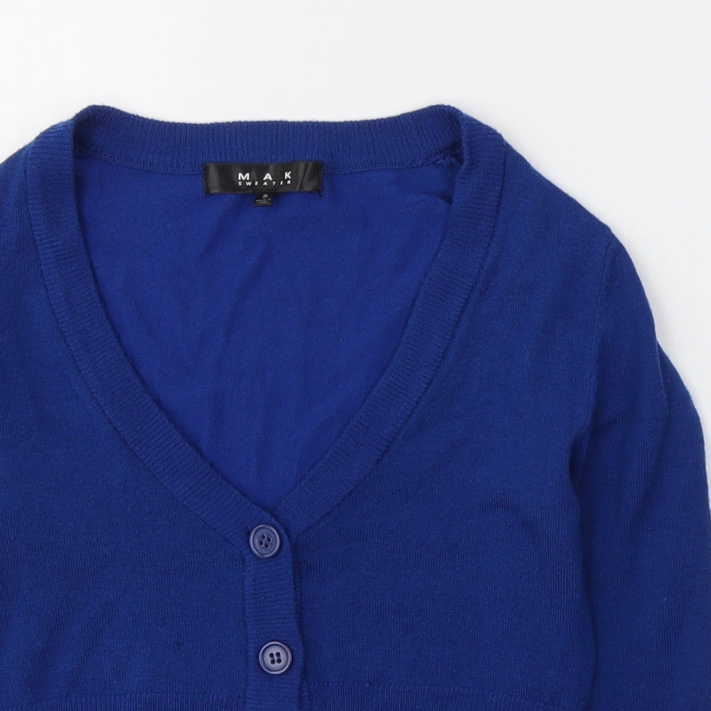 MAK Womens Blue  Acrylic Cropped Button-Up Size S V-Neck