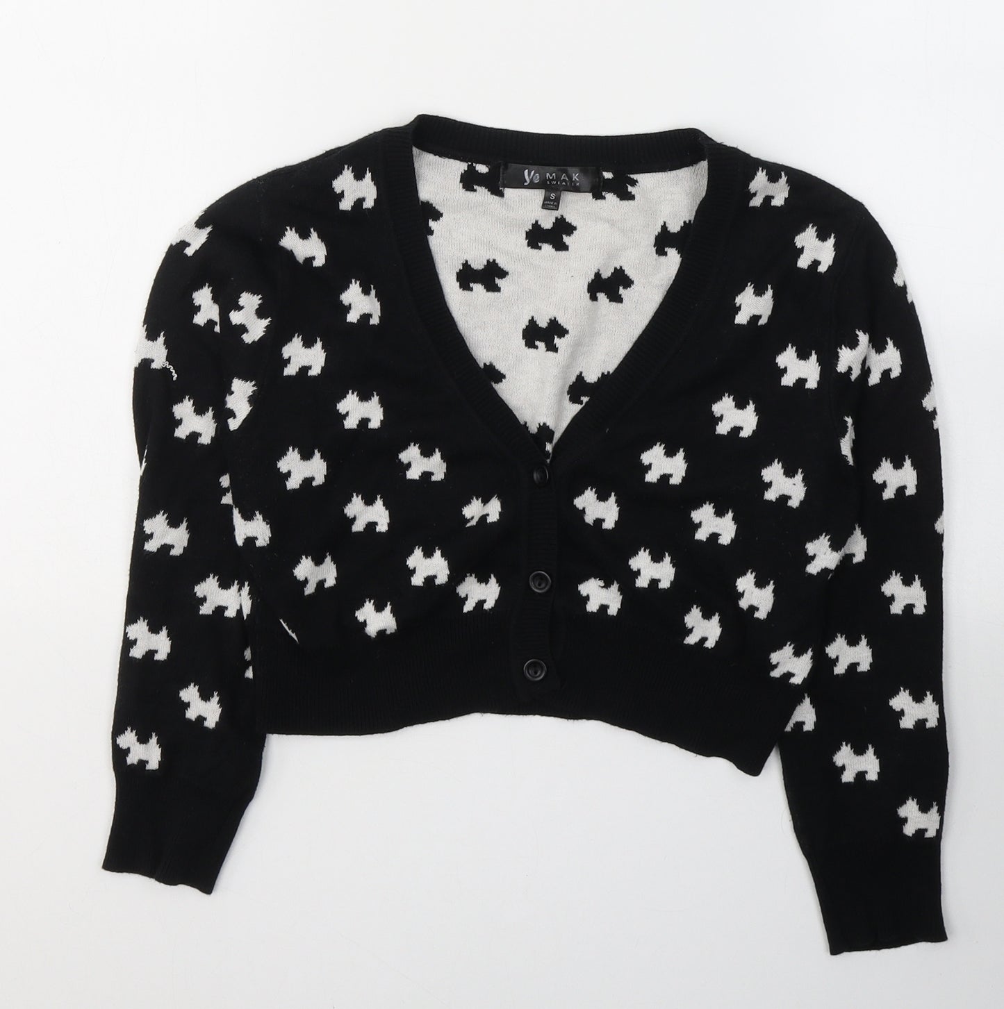 YE  mak Womens Black Geometric Cotton Cropped Button-Up Size S V-Neck