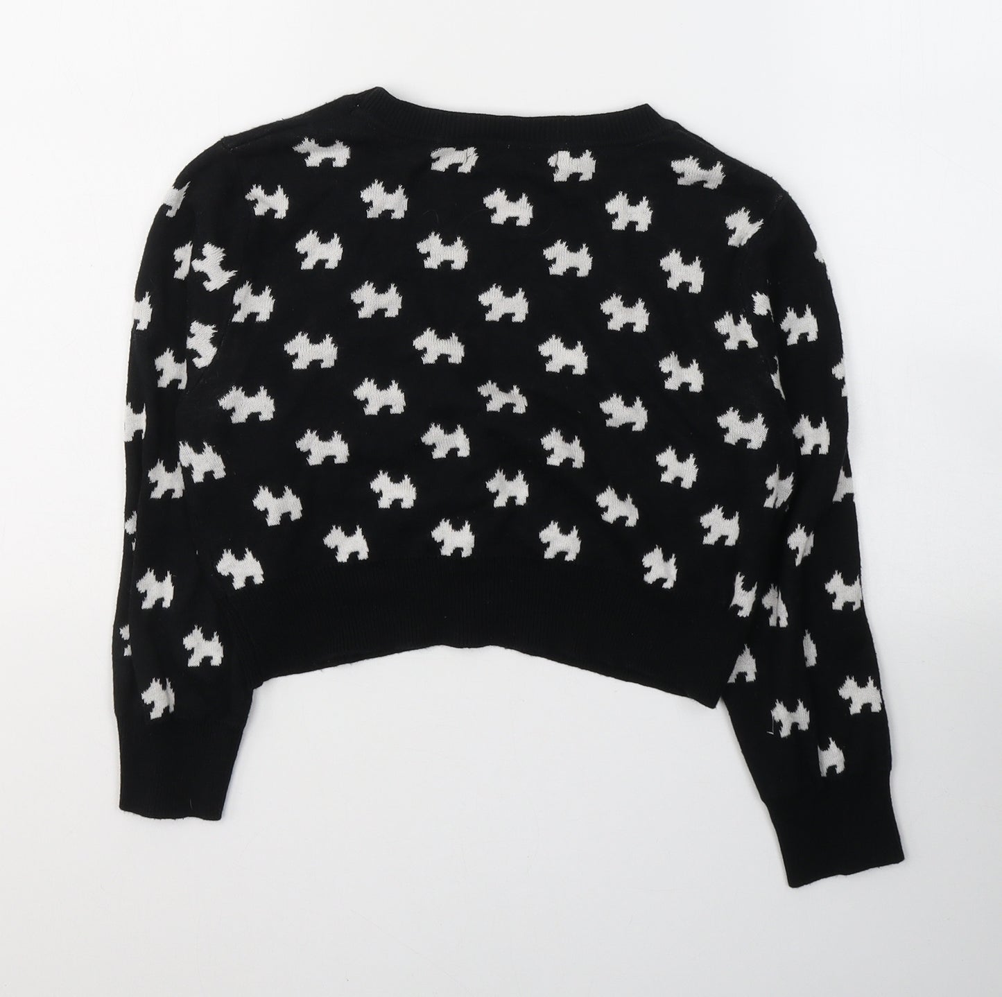 YE  mak Womens Black Geometric Cotton Cropped Button-Up Size S V-Neck