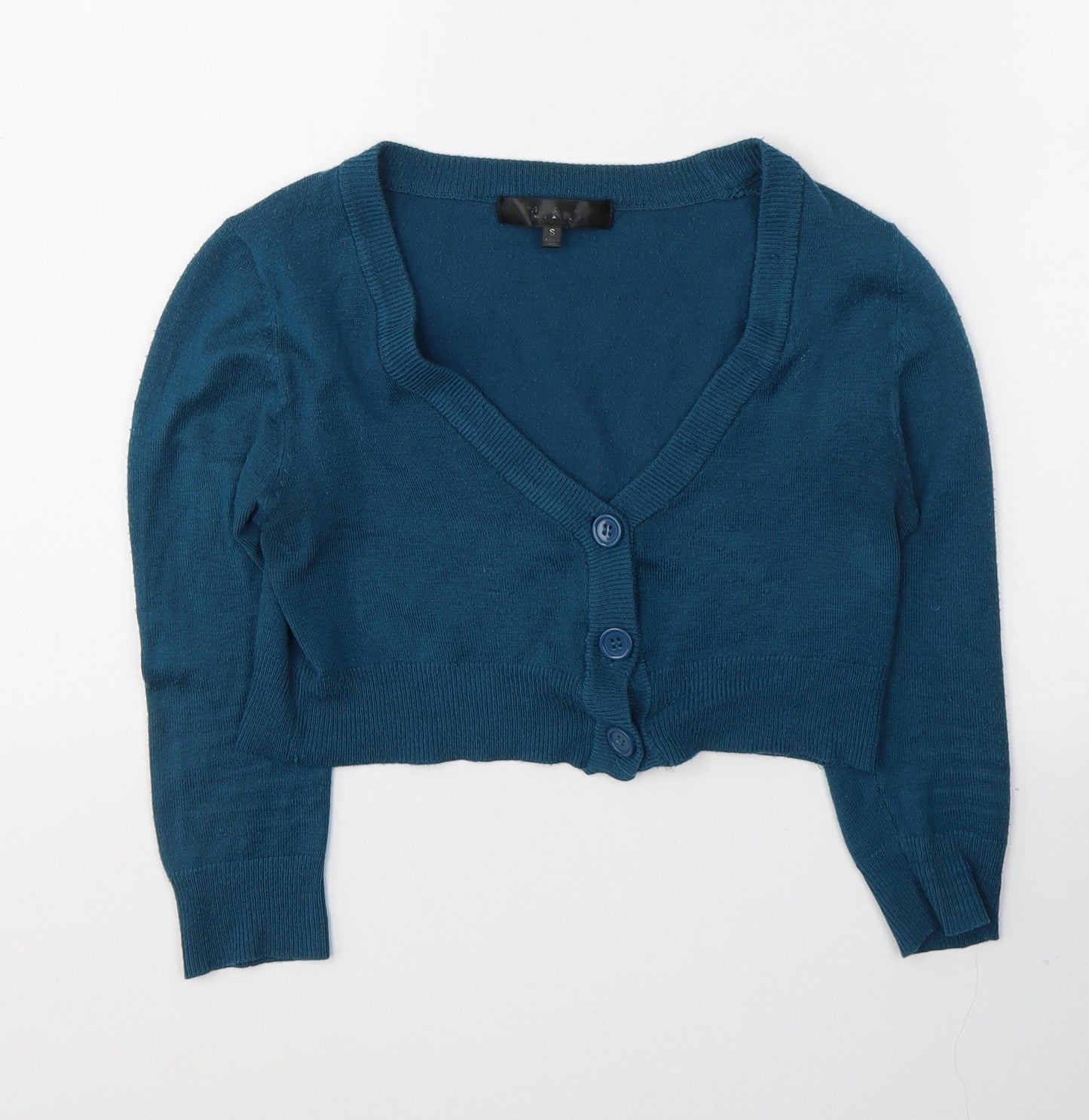 MAK Womens Blue  Acrylic Cropped Button-Up Size S V-Neck