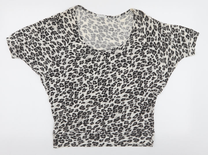 Topshop Womens Grey Animal Print 100% Cotton Jersey T-Shirt Size 10 Round Neck