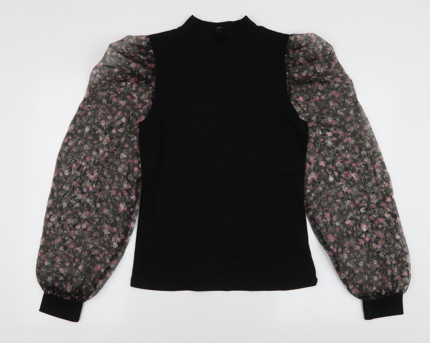 River Island Womens Black Floral Polyester Basic Blouse Size 12 High Neck - Mesh sleeves