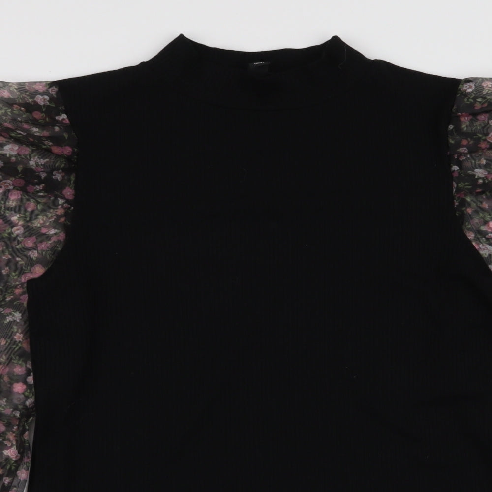 River Island Womens Black Floral Polyester Basic Blouse Size 12 High Neck - Mesh sleeves