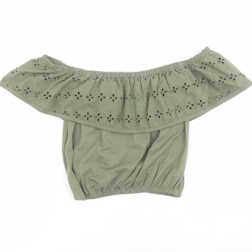 Primark Girls Green  100% Cotton Pullover Blouse Size 9-10 Years Off the Shoulder Pullover