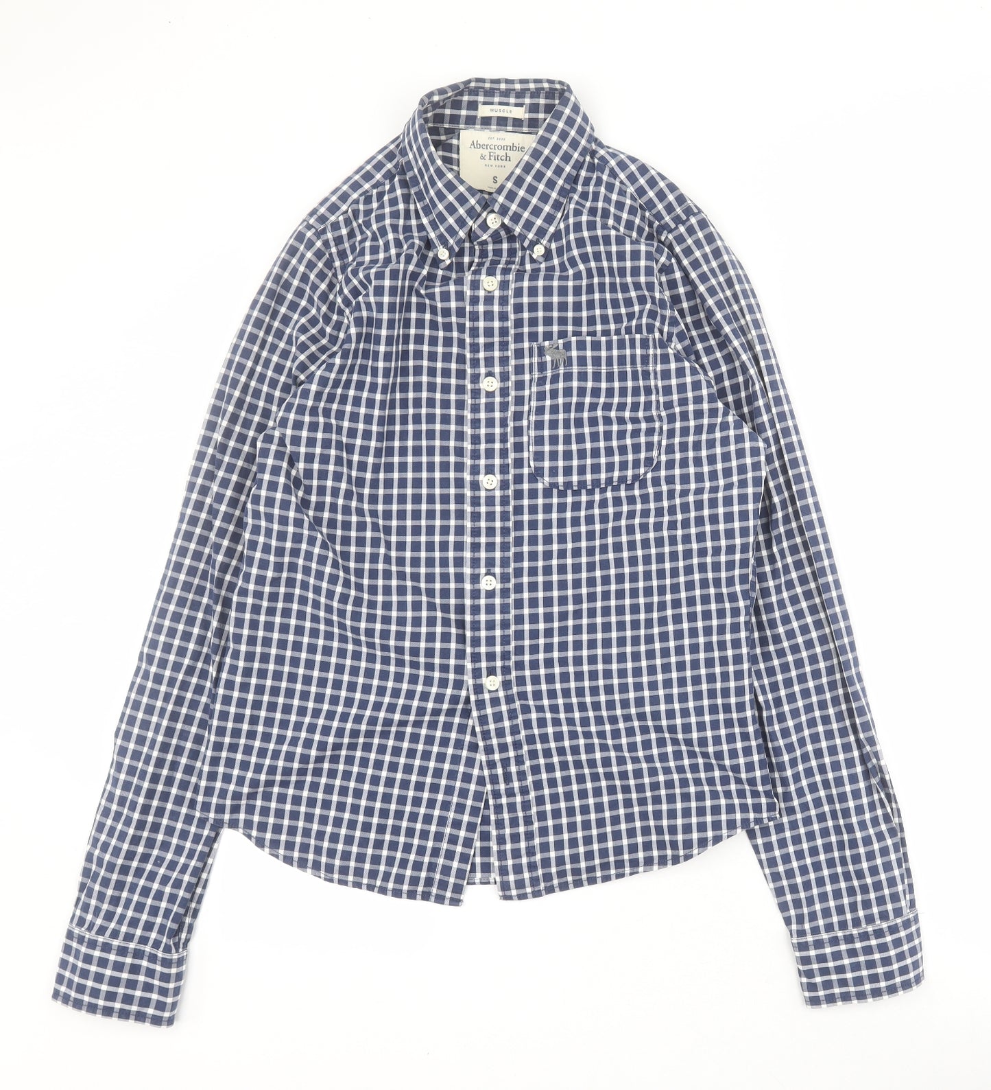 Abercrombie & Fitch Mens Blue Check Cotton  Button-Up Size S Collared Button