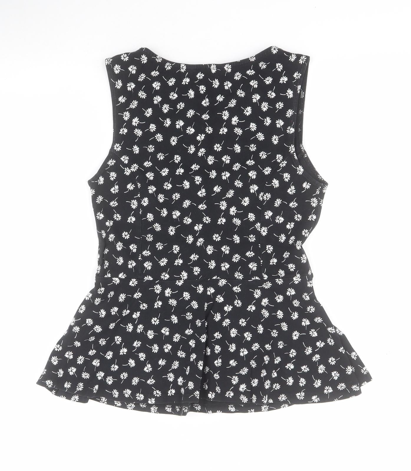 New Look Womens Black Floral Cotton Basic Tank Size 10 Round Neck - Peplum