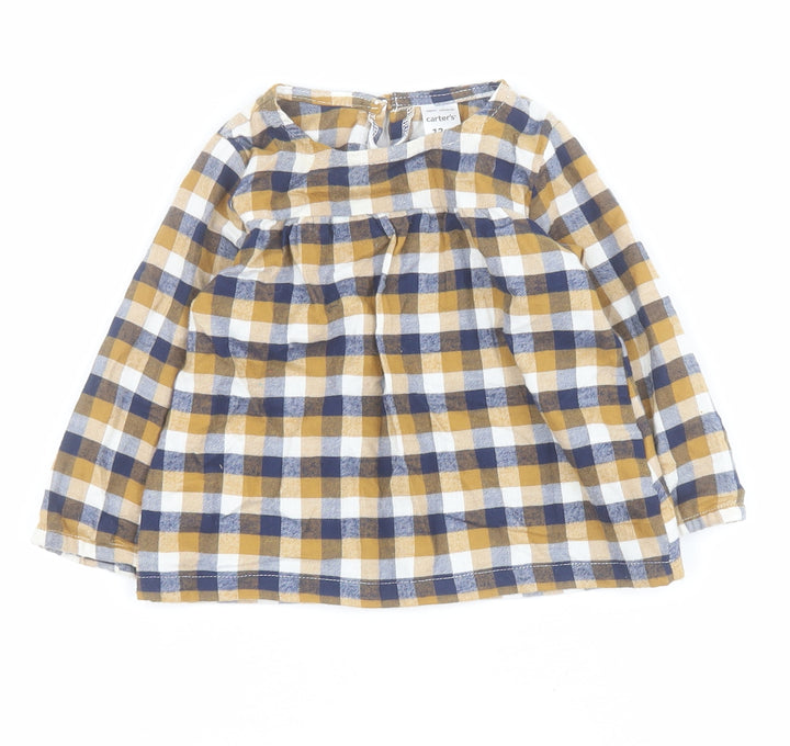Carters Baby Blue Check 100% Cotton Shirt Dress  Size 12 Months  Round Neck Button