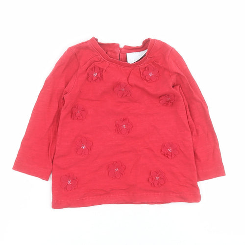 NEXT Baby Red  100% Cotton Pullover T-Shirt Size 6-9 Months Round Neck Button - Flowers